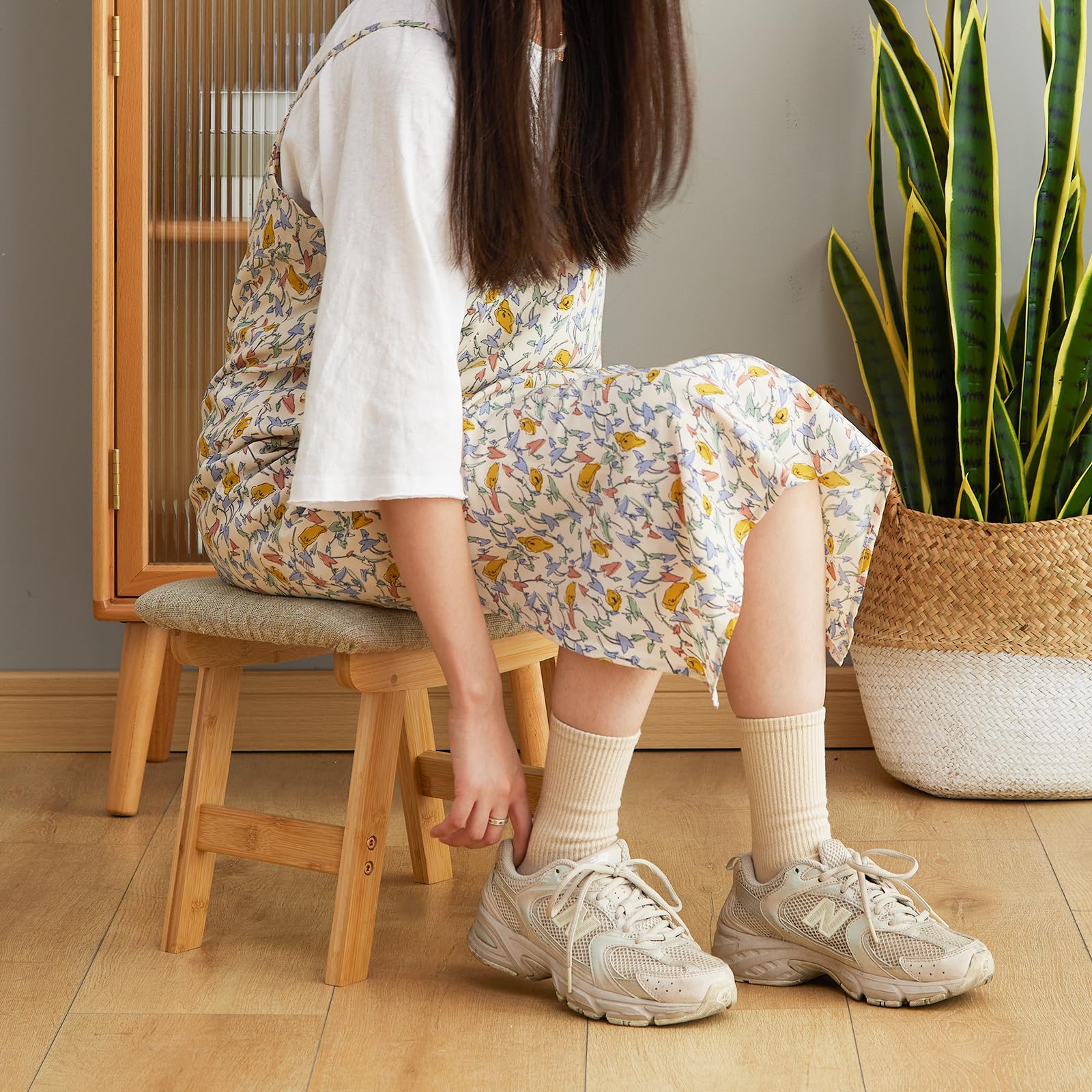 Foot Stool,Ottoman Foot Rest,Bamboo Foot Stool Under Desk,Small Stool for Living Room, Bedroom and Kitchen (Natural Legs - Beige Stool Surface) - WoodArtSupply