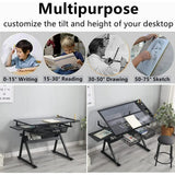 ZephyPaws Glass Drafting Table and Stool Sets, Adjustable Height Drawing Table Art Craft Artist Desk Tilting Glass Tabletop with 2 Storage Drawers for Home Office (Black) ZephyPaws