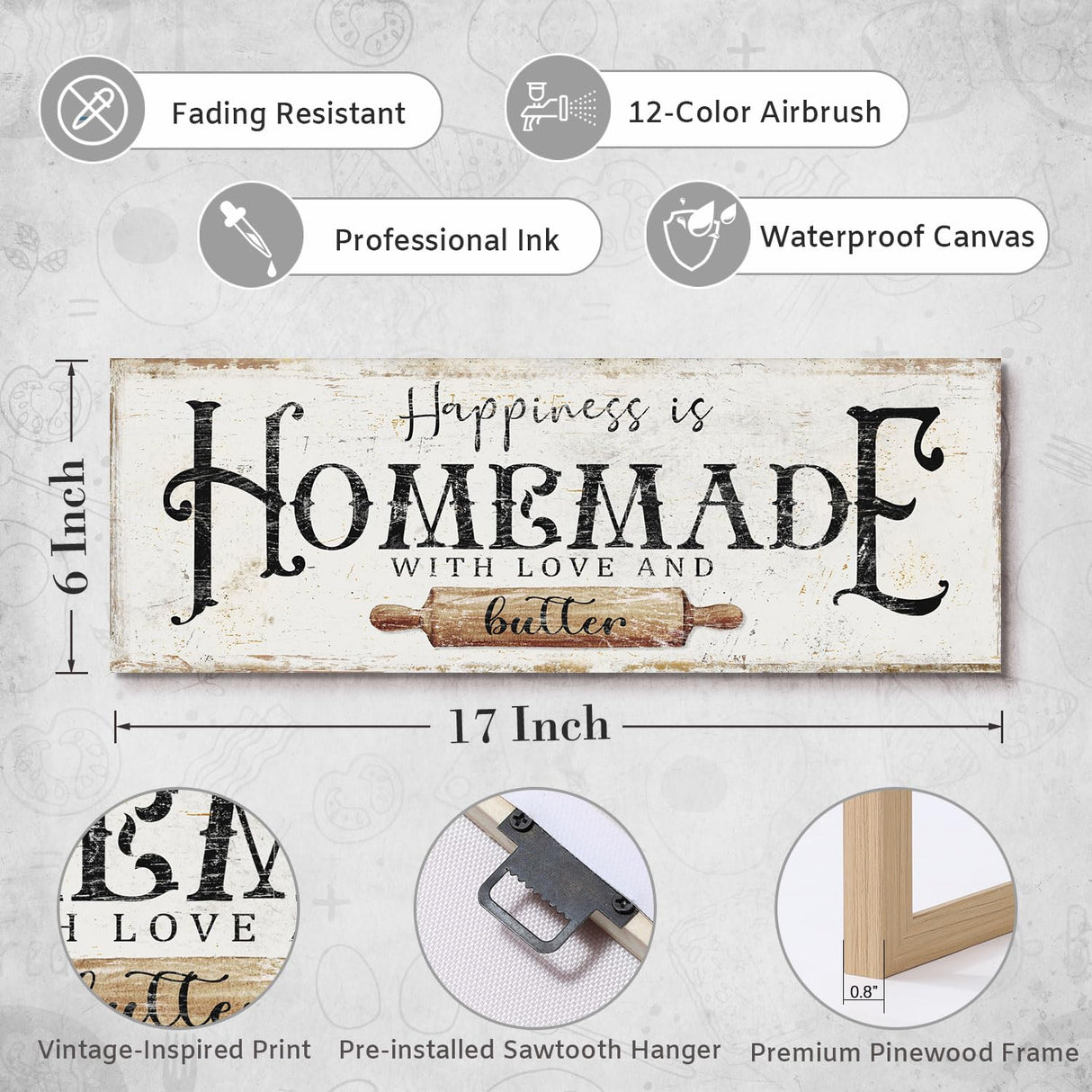 Happiness is Homemade with Love and Butter Sign Funny Kitchen Sign Decor for Counter Pantry Rustic Farmhouse Style Wall Décor Shabby Chic Family Wall Plaque Decoration Housewarming Gift, 6 x 17 Inch DUO AI HOME