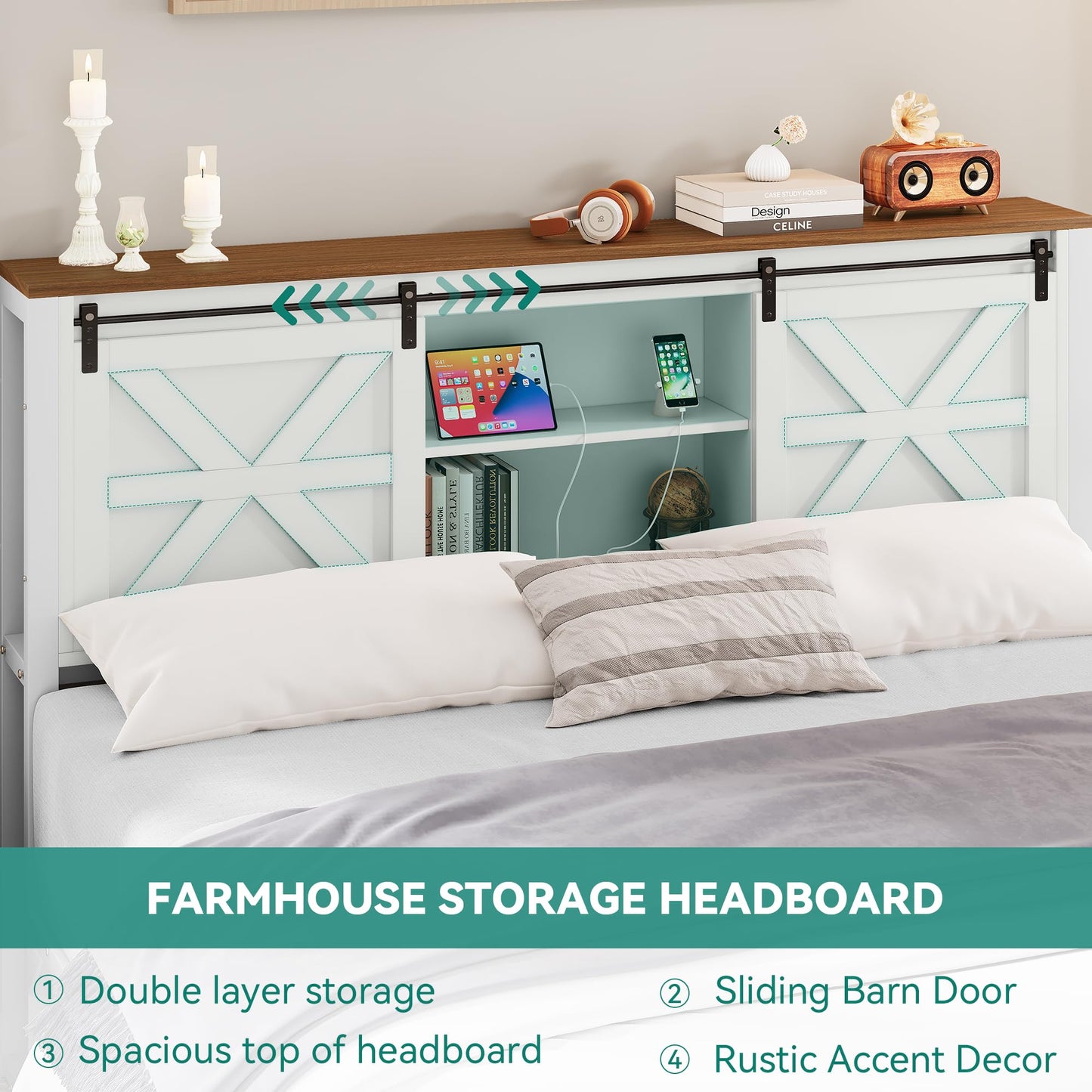 YITAHOME Farmhouse Queen Bed Frame with Bookcase Headboard and Sliding Barn Door - WoodArtSupply