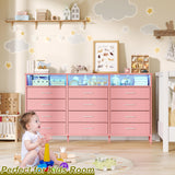 Dresser for Bedroom Bedroom Pink Dresser with LED Lights and Charging Station, 12 Long Fabric Drawers Dressers, Tall Wide Chest of Drawers Storage Organizer TV Stand for up to 65" TV for Living Room SOOWERY
