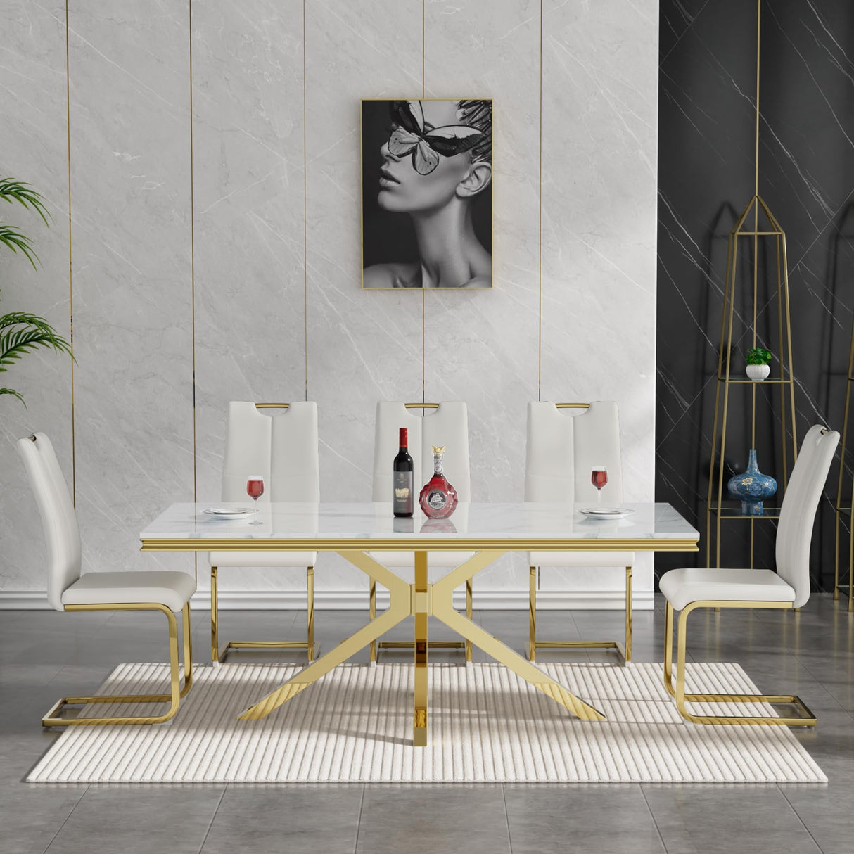 9 Piece Dining Table Set with 8 PU Leather Dining Chairs,70in Faux White Marble Dining Table Set with Stainless Steel Legs,Luxury Gold Dining Room Table Set for 8, Kitchen Table and Chair Set for 8 Henf