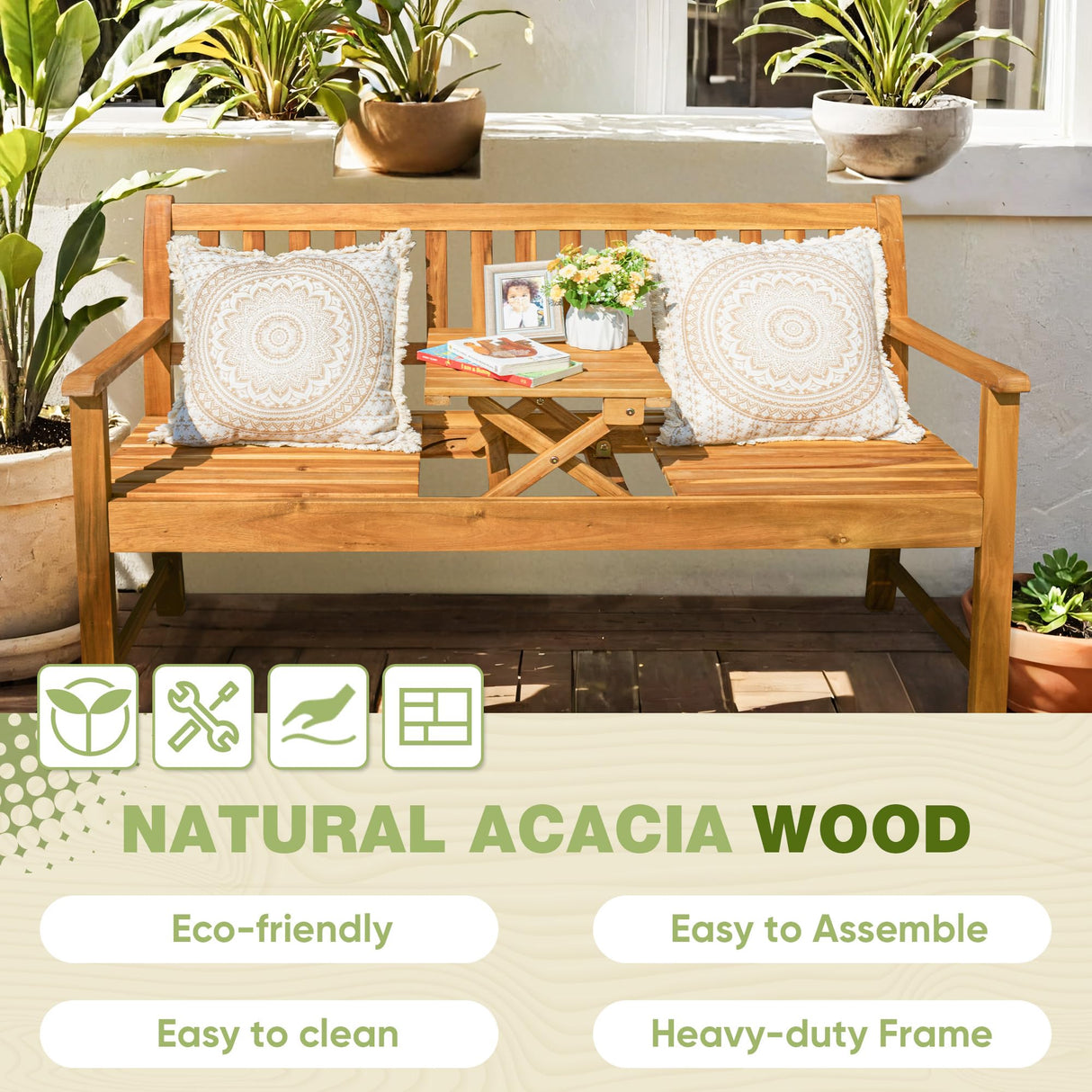 Greesum Outdoor Bench 2-Person Acacia Garden Chair Patio Porch Furniture with Foldable Small Table Plate for Deck, Yard, Balcony, Natural Greesum