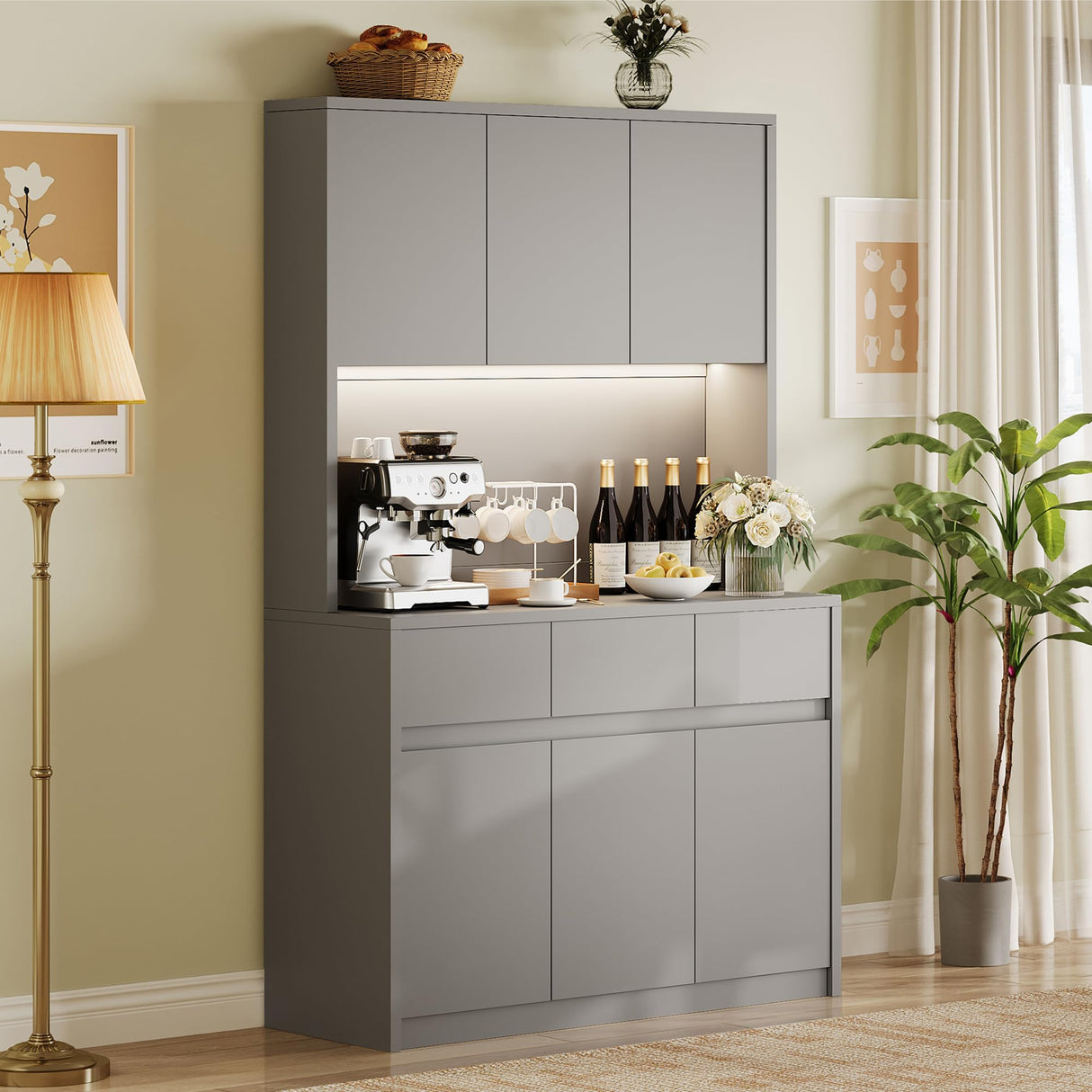 GarveeHome 71" Kitchen Pantry Cabinet, Kitchen Hutch Storage with Led Lights and Power Outlets, Buffet Cabinet with Microwave Stand, Adjustable Shelves, Handless Design, Grey GarveeHome