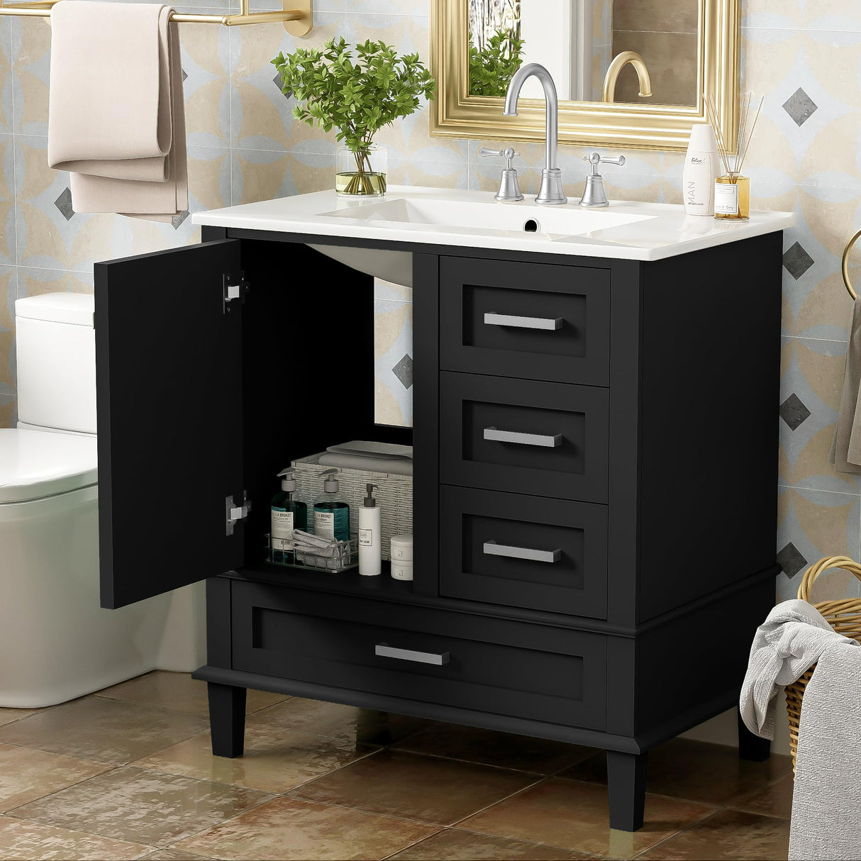 30" Bathroom Vanity with Sink, 30 Inch Bathroom Vanity with Top, 3 Drawers and 1 Soft Closing Door, Modern Bathroom Vanity with Sink 30 Inch for Bathroom (Black) Mirightone