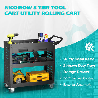 NICOMOW 3 Tier 330 LBS Rolling Tool Cart on Wheels, Heavy Duty Utility Tool with Drawer, Screwdriver Rack, Pegboard,Tool Cart for Mechanics, Garage, Warehouse, Workshop - WoodArtSupply