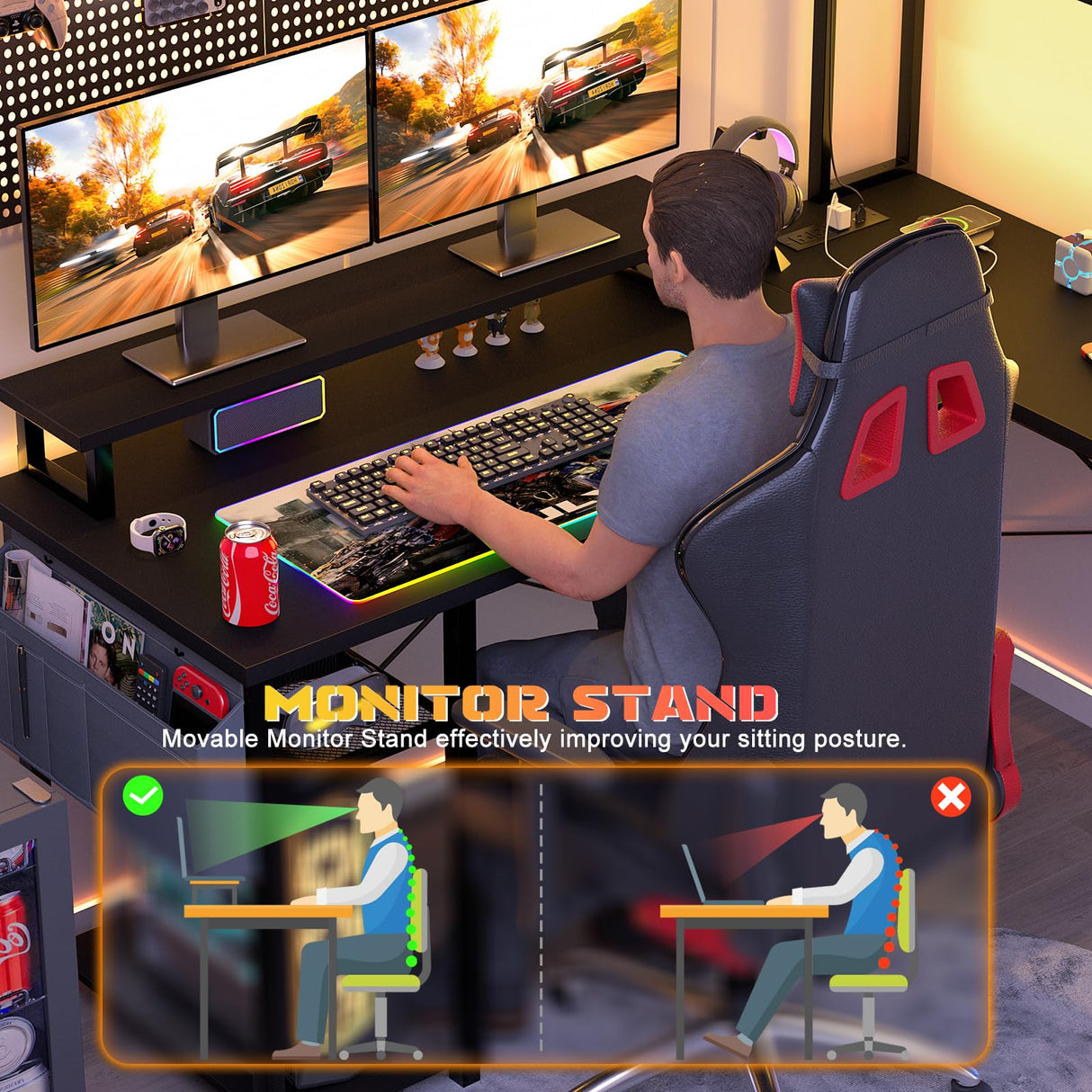 Aheaplus Small L Shaped Gaming Desk with LED Lights & Power Outlets, Reversible L-Shaped Computer Desk with Monitor Stand & Storage Shelf, Corner Desks Home Office Desk with Storage Bag, Black Aheaplus