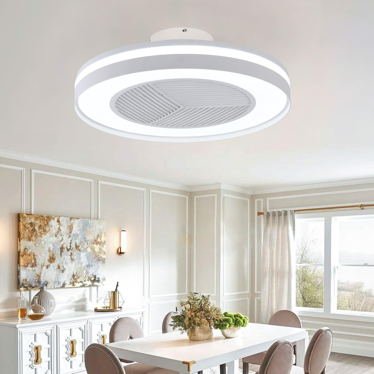 HUMHOLD Smart Low Profle Ceiling Fans with 3-Dimmable Light Remote/APP Control, 20" Bladeless Ceiling Fans with 6 Speeds, Timer, Quiet DC Motor, Ceiling Fan with Light for Kids Bedroom/Living Room HUMHOLD