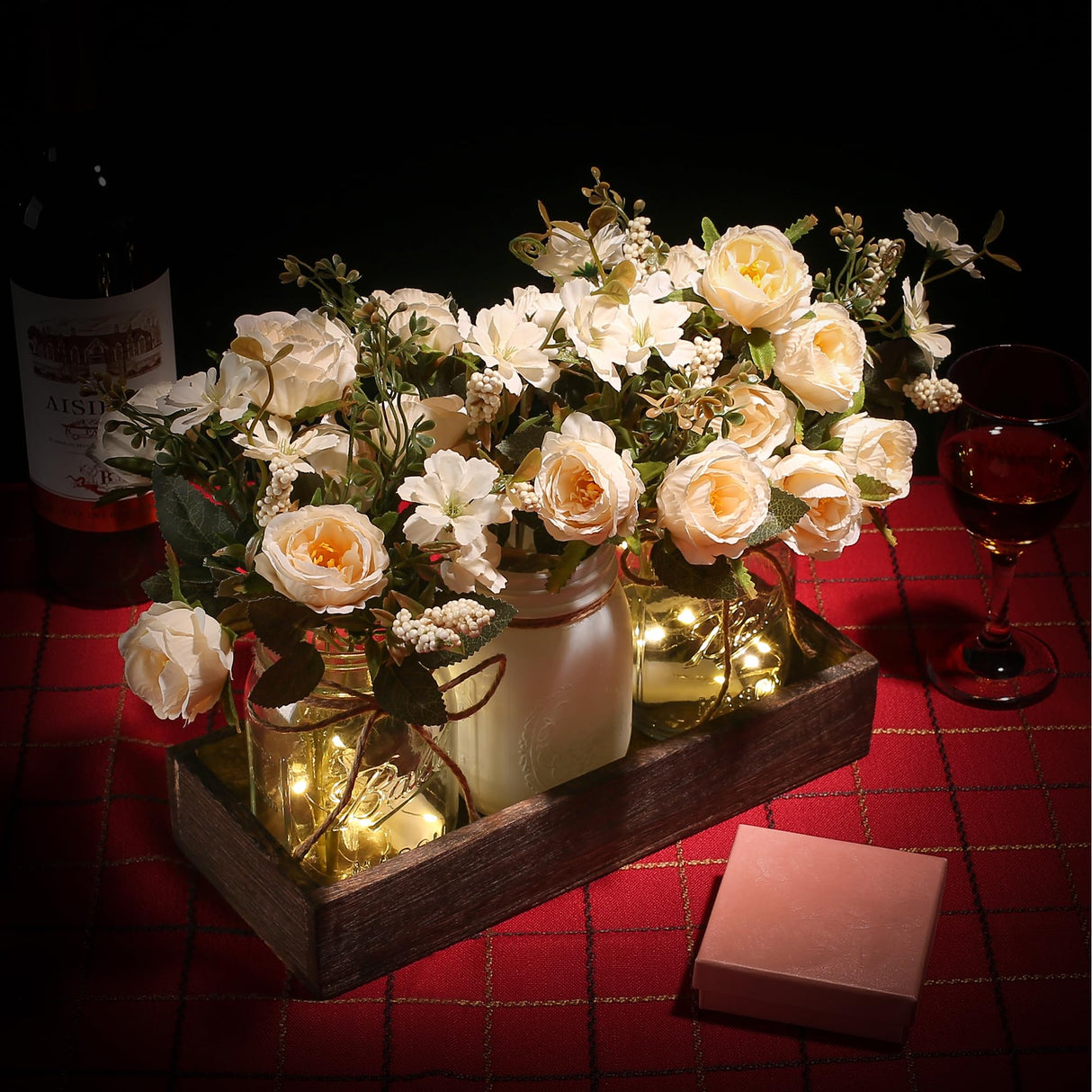 DUOER 3 Pcs Mason Jar Centerpiece Table Decorations for Dining Table Decor Farmhouse Coffee Table Decor with Wood Tray and Led Light Table Centerpieces for Dining room Kitchen Living Bathroom,White DUOER