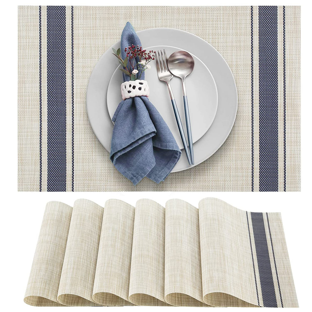 DACHUI Placemats Set of 6, Soft & Elegant Woven Vinyl Place Mats, Water Resistant, Heat Resistant, Washable, Durable Table Mats (Blue Stripes) DACHUI