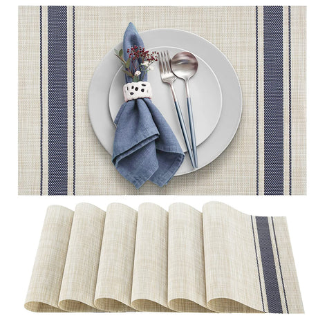DACHUI Placemats Set of 6, Soft & Elegant Woven Vinyl Place Mats, Water Resistant, Heat Resistant, Washable, Durable Table Mats (Blue Stripes) DACHUI