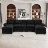 U Shaped Cloud Couch Sectional Sofa, 124" Comfy Fluffy Chenille Cloud Black Sectional Couches for Living Room with Double Chaise Lounge, Modern Modular Sofa with Central Console & USB Port ONEMMLION