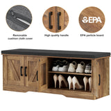 HOMSHO 2-Tier Storage Bench, Shoe Bench with Padded Seat Cushion, Entryway Bench with 4 Barn Doors, Adjustable Shelf, 13.8" D x 47.2" W x 17.7" H, for Entryway, Living Room, Bedroom, Rustic Walnut HOMSHO