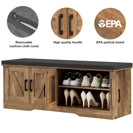 HOMSHO 2-Tier Storage Bench, Shoe Bench with Padded Seat Cushion, Entryway Bench with 4 Barn Doors, Adjustable Shelf, 13.8" D x 47.2" W x 17.7" H, for Entryway, Living Room, Bedroom, Rustic Walnut HOMSHO