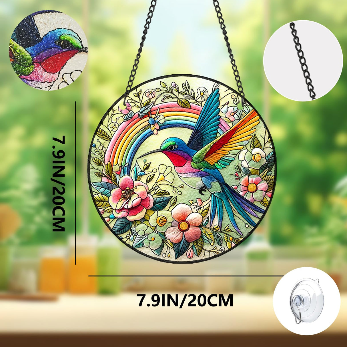 Hummingbird Suncatcher Stained Glass Window Hanging Original Design of 7.8''Hummingbirds Rainbow Flowers for Sun Catchers Indoor Wall Art Home Decor Gift Painted Glass Panel Dadamayar