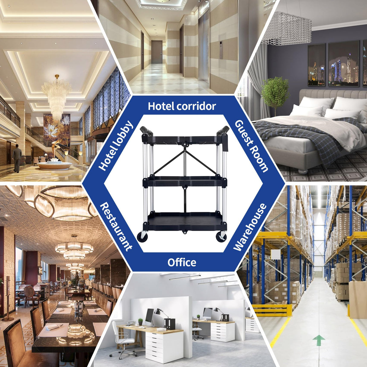 UNICOO® Heavy Duty 3-Tier Collapsible Rolling Cart, Folding Utility Cart, 550lbs Capacity, Lockable & Silent Wheels, Compact & Foldable, Easy Clean & Storage for Restaurant, Office, Garage (Black) UNICOO