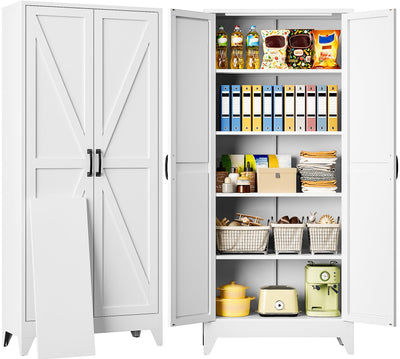 75" Tall Pantry Cabinet,Farmhouse Kitchen Pantry Storage Cabinets with 2 Doors and 4 Shelves,White Metal Storage Cabinet,Large Cupboard for Home,Kitchen,Dining/Living Room