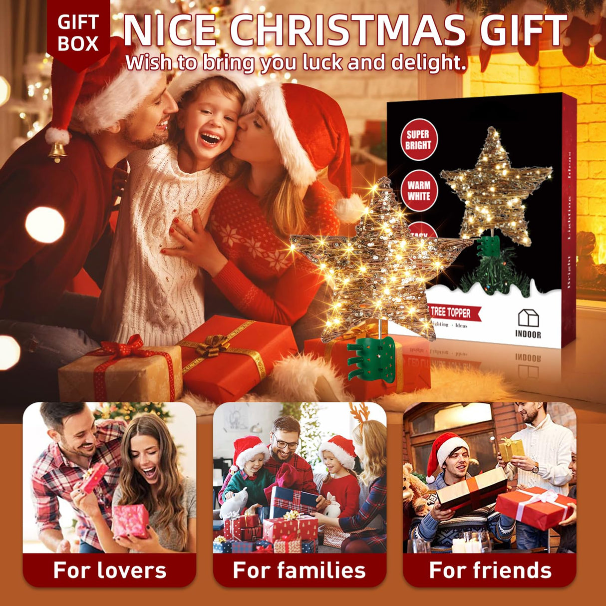 EAMBRITE 13.37” 40 LED Christmas Rattan Tree Topper, Indoor Rustic Natural Star Treetop EAMBRITE