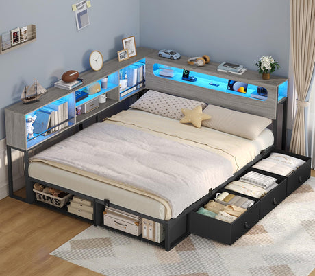 ADORNEVE Corner Bed Frame Full Size with Bookcase Storage & RGB Lights, Charging Station, Metal Daybed with 3 Drawers & 2 Open Cubbies, for Teens, Small Space, Black & Oak Grey ADORNEVE