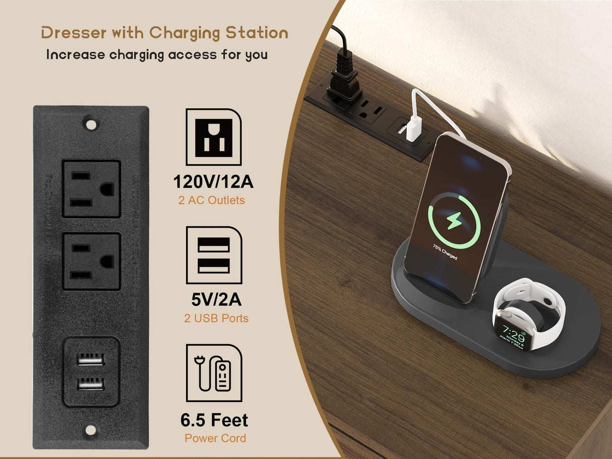 GAOMON Rattan 6 Drawer Dresser for Bedroom, Natural Rattan Boho Large Double Dresser, Wood Storage Closet Dressers Chest of Drawers, for Closet, Living Room and Entryway, Brown GAOMON