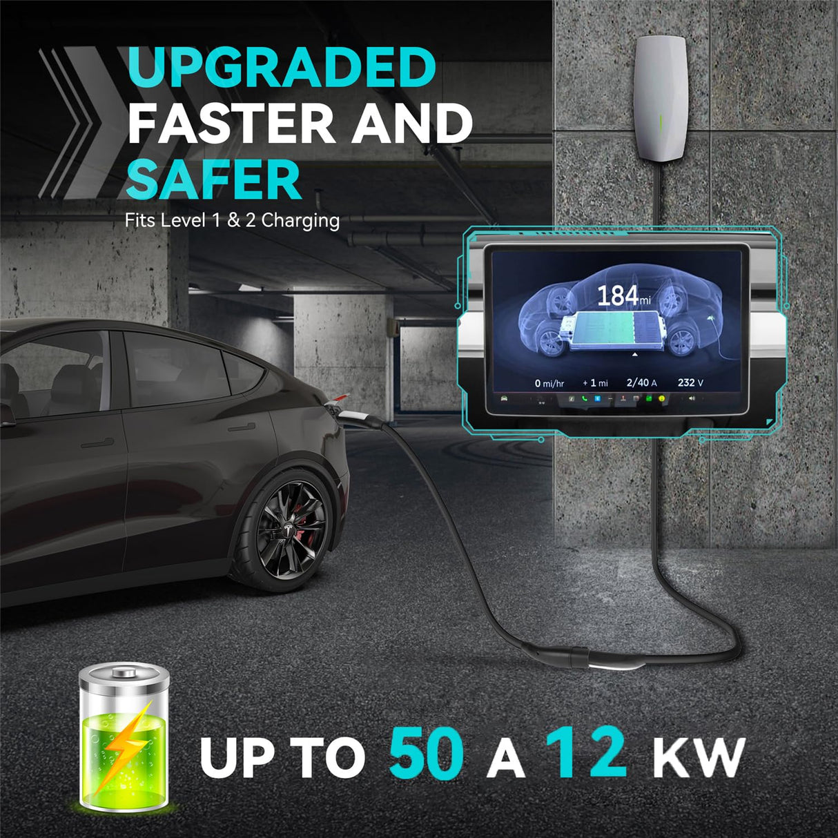 TRFIKNE 21ft/ 6M Tesla Extension Cord, Max 50A 12KW Tesla Charger Extension Cable, Tesla Charging Cable for Model Y/3/S/X, Fits All Tesla Mobile Chargers or Wall Connectors, Tesla EV Extension Cord TRFIKNE