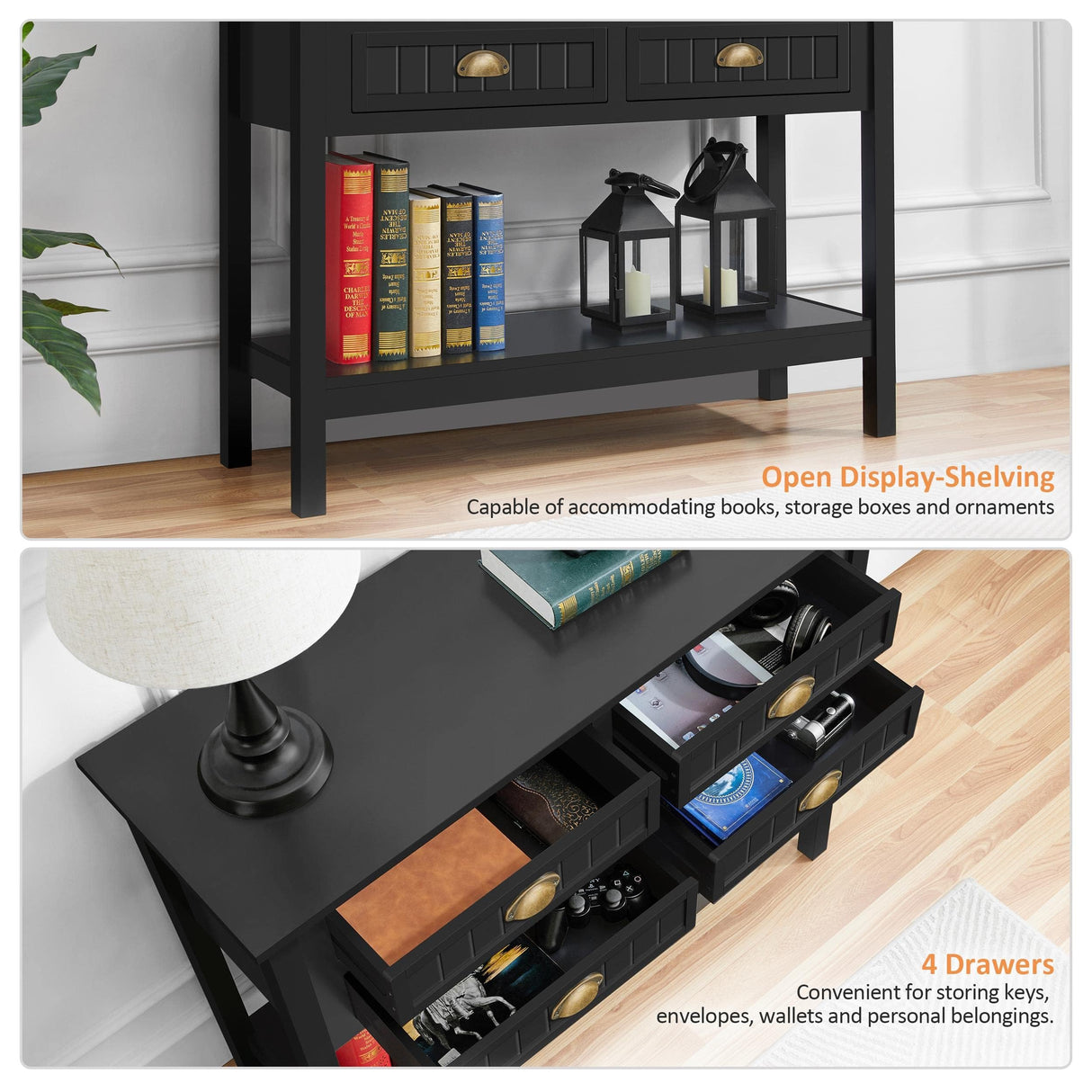 Yaheetech Console Table with 4 Drawers, Sofa Side Table with Bottom Open Storage Shelf, Heavy-Duty Entryway Table for Hallway/Living Room, 39.5x14x32 inch, Black Yaheetech