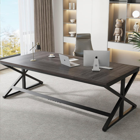 IBF Long Grey Computer Desk, Modern Large Wood Metal Office Desk, Industrial Pc Study Gaming Writing Table for 2 Person, Executive Workstation for Home Bedroom Living Room, Dark Gray, 70 Inch IBF