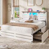 VIAGDO Wooden Bed Frame Queen Size with Bookcase Headboard and Sliding Barn Door, Farmhouse Queen Bed Frame with Charging Station, LED Lights and 4 Storage Drawers, No Box Spring Needed, White VIAGDO