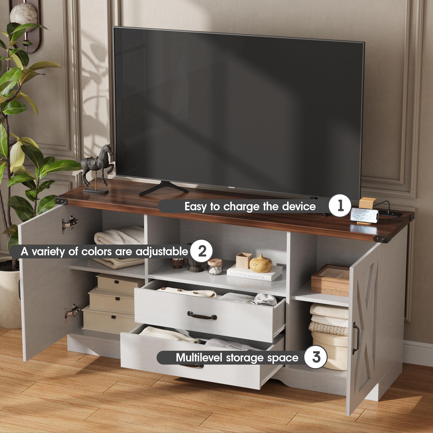 Maupvit Farmhouse TV Stand for 65 Inch TV, Television Stands with Drawers, TV Console with Storage, 58.3" TV Cabinets,Modern Entertainment Center for Living Room Bedroom,White