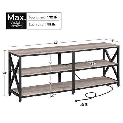 Yaheetech TV Stand with Power Outlet for 75 Inch TV, 3 Tiers TV Storage Cabinet Entertainment Center, Retro 63 Inch Long TV Console Table with Charging Station for Living Room, Gray