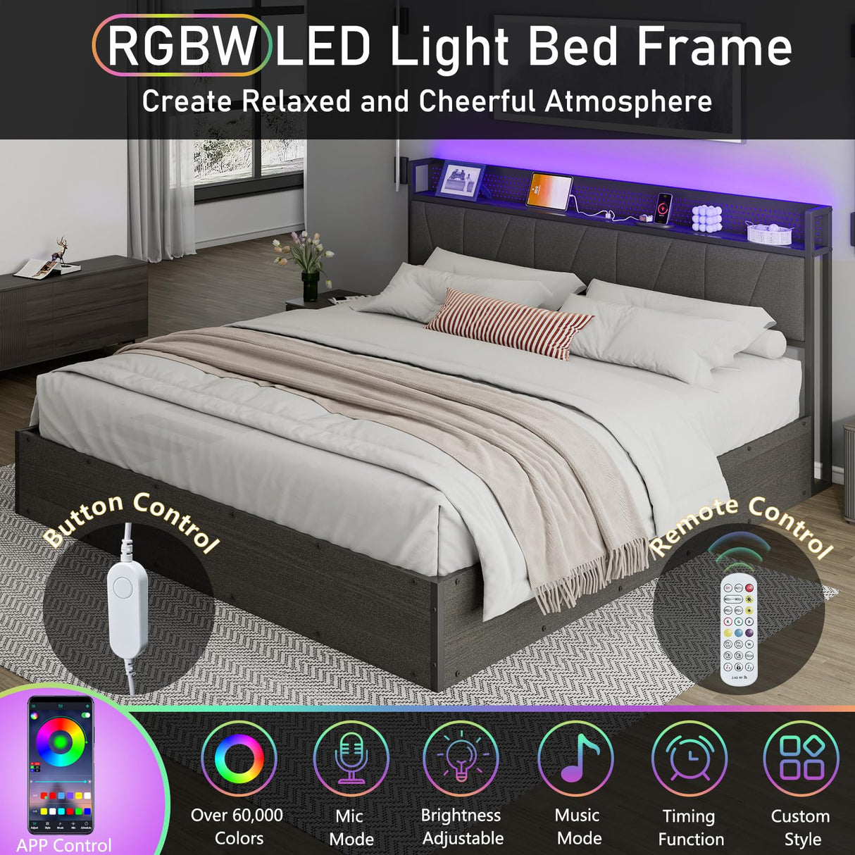 Albott King Size Lift Up Storage Bed Frame, Modern RGB LED Light Platform Bed Frame with Charging Station/Linen Upholstered Headboard/No Box Spring Needed, Black Albott