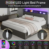 Albott King Size Lift Up Storage Bed Frame, Modern RGB LED Light Platform Bed Frame with Charging Station/Linen Upholstered Headboard/No Box Spring Needed, Black Albott