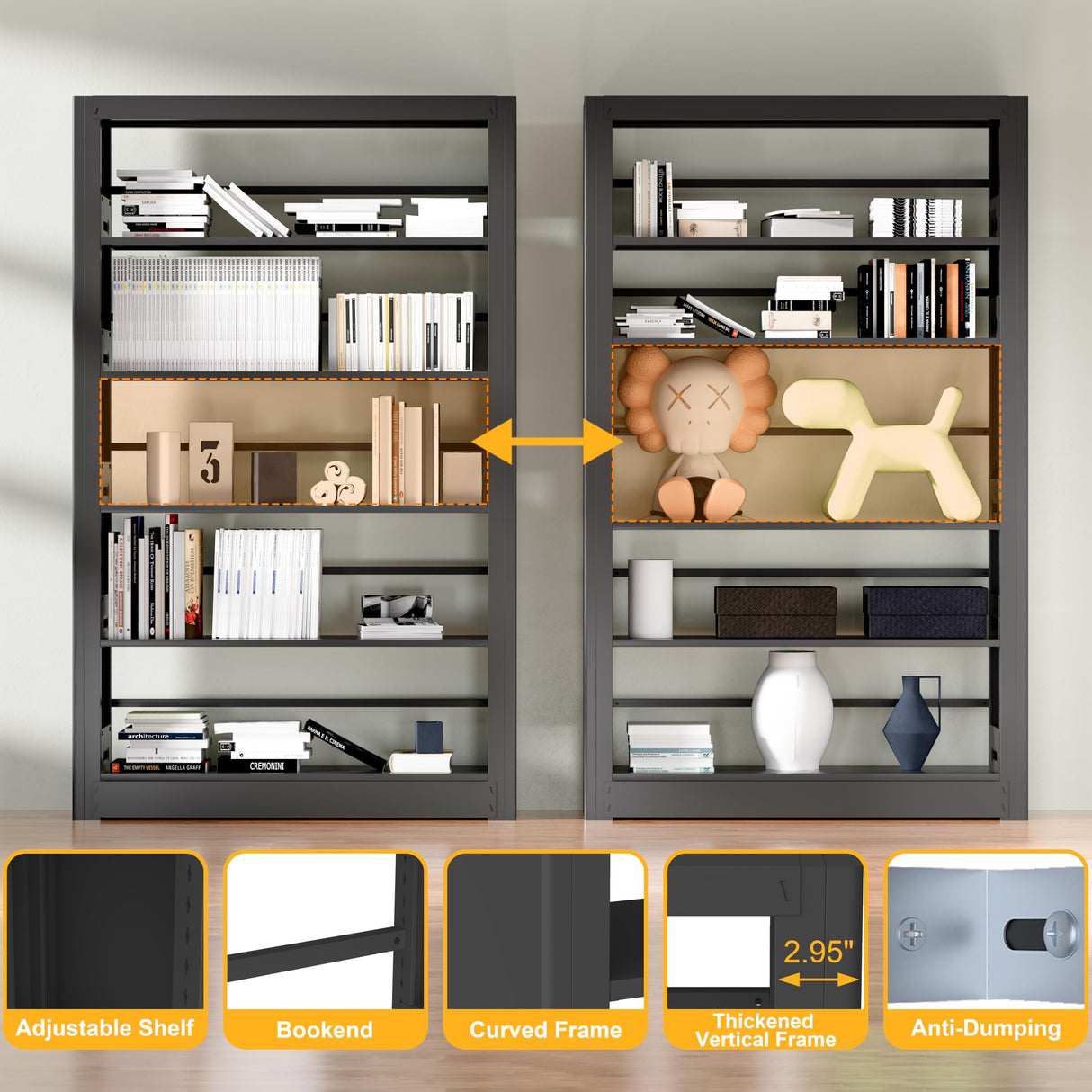 OSEILLC 69" Tall Heavy-Duty Bookshelf, 5-Tier Metal Bookshelf with Adjustable Shelves, Open Shelf Bookcase, Tall Bookshelves for Home Office, Library, Bedroom, Including Book Stopper OSEILLC