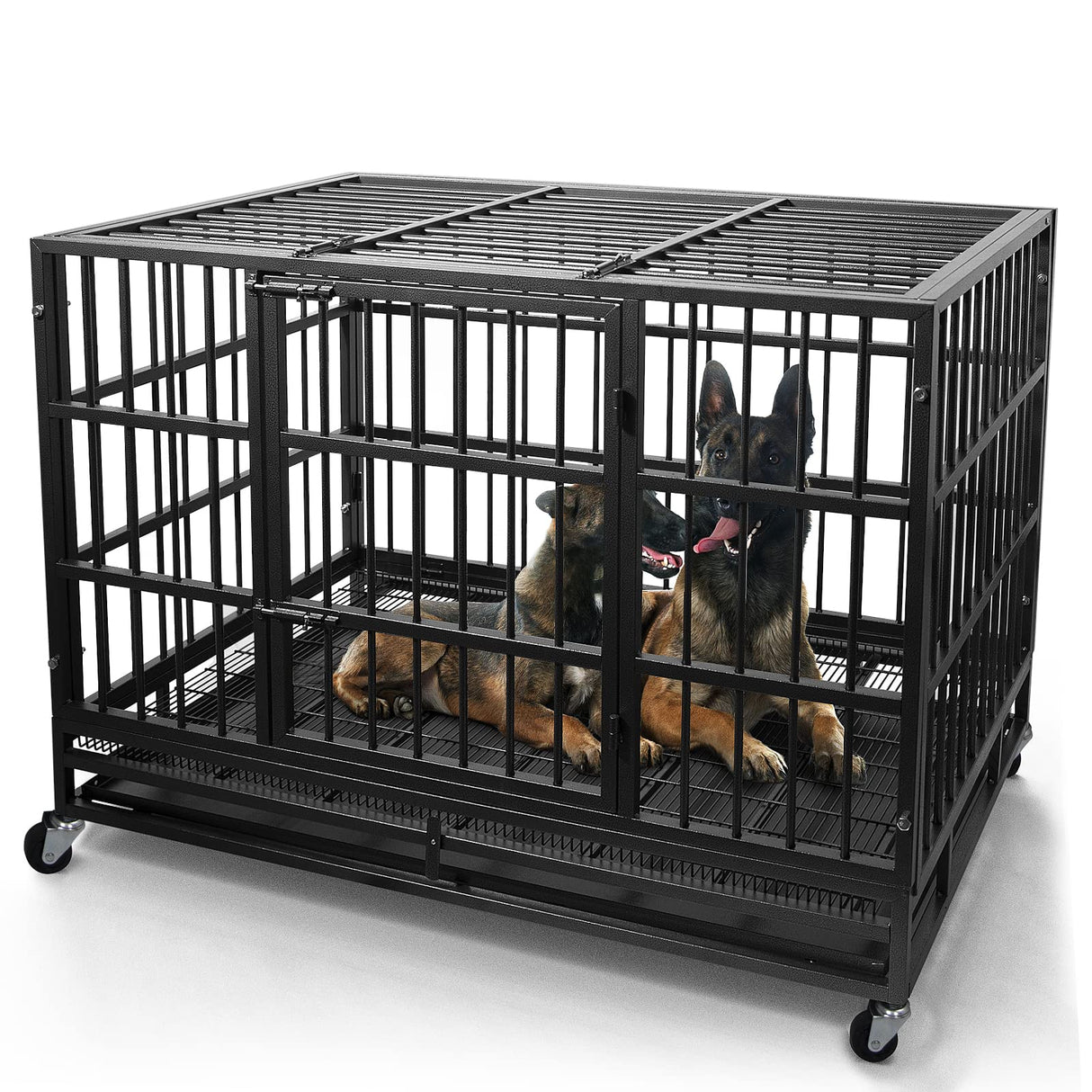 WOKEEN 48/38 Inch Heavy Duty Dog Crate Cage Kennel with Wheels, High Anxiety Indestructible, Sturdy Locks Design, Double Door and Removable Tray, Extra Large XL XXL WOKEEN