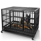 WOKEEN 48/38 Inch Heavy Duty Dog Crate Cage Kennel with Wheels, High Anxiety Indestructible, Sturdy Locks Design, Double Door and Removable Tray, Extra Large XL XXL WOKEEN