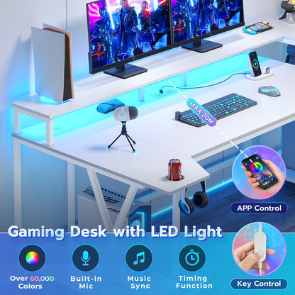 SEDETA White Gaming Desk 70.8'' with LED Lights and Storage Shelves, Computer Desk with Monitor Stand, Power Outlets and Cup Holder, Large PC Gamer Desk, Gaming Table for Bedroom, Living Room - WoodArtSupply