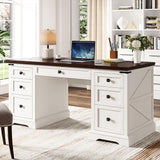EnHomee 55" Computer Desk with 7 Drawers Farmhouse Computer Desk with Charging Station Home Office Desk for Study, Bedroom, Living Room, Office Desk,Desk,Brown+White,Dark Rustic Oak EnHomee