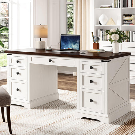 EnHomee 55" Computer Desk with 7 Drawers Farmhouse Computer Desk with Charging Station Home Office Desk for Study, Bedroom, Living Room, Office Desk,Desk,Brown+White,Dark Rustic Oak EnHomee