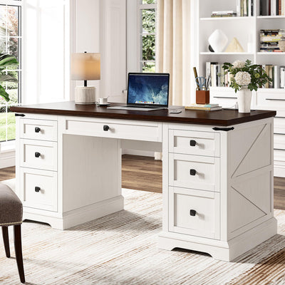 EnHomee 55" Computer Desk with 7 Drawers Farmhouse Computer Desk with Charging Station Home Office Desk for Study, Bedroom, Living Room, Office Desk,Desk,Brown+White,Dark Rustic Oak
