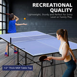 HaoKang Folding Rolling Table Tennis Table Regulation Ping Pong Table with 2 Paddles 2 Balls 1 Net and Post Set Fold-Up Design 4 Wheels for Easy Movement, BLUE HaoKang