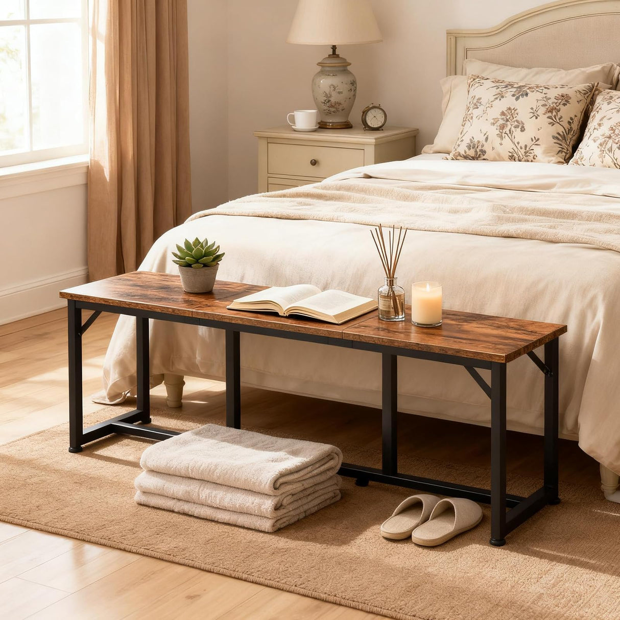 MAHANCRIS Dining Bench, 47.2 Inch Dining Table Bench, Rustic Kitchen Bench, Easy to Assemble, Steel Frame, for Kitchen, Living Room, Bedroom, Rustic Brown and Black TBHR0201 MAHANCRIS