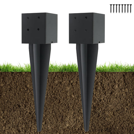 POSTYBAY 2 Pcs 4"x4" Fence Post Anchor Ground Spike 16"(Actual 3.6"x3.6") Heavy Duty Metal Fence Post Anchor with Black Powder-Coated for Deck,Fence,Porch,Railing,Mailbox POSTYBAY