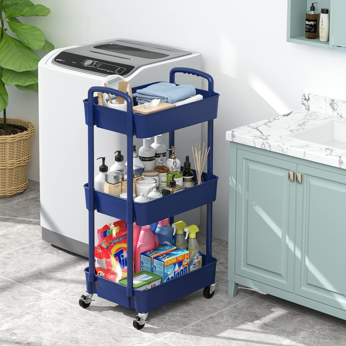 Sywhitta 3-Tier Plastic Rolling Utility Cart with Handle, Multi-Functional Storage Trolley for Office, Living Room, Kitchen, Movable Storage Organizer with Wheels, Blue Sywhitta