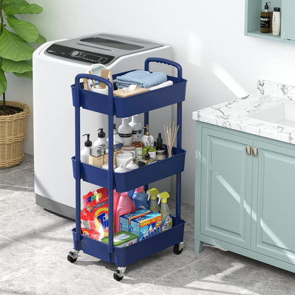 Sywhitta 3-Tier Plastic Rolling Utility Cart with Handle, Multi-Functional Storage Trolley for Office, Living Room, Kitchen, Movable Storage Organizer with Wheels, Blue - WoodArtSupply