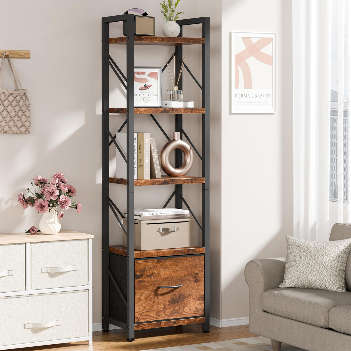 Shintenchi Bookshelf, 5 Tier Bookcase with Drawer, Modern Tall Bookshelves Storage Organizer, Industrial Book Shelves for Bedroom, Living Room, Office, Rustic Brown Shintenchi