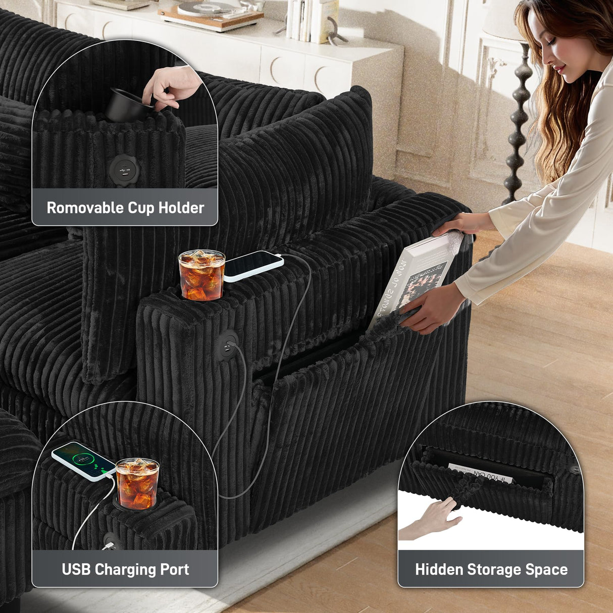 130" Oversized Cloud Couch Large Modular Sectional Sofa Modern U Shaped Sectional Couch 6 Deep Seat Sofa Set for Living Room Comfy Plush Corduroy Cloud Sofa with Ottoman, USB Port, Cup Holder, Black ONEMMLION