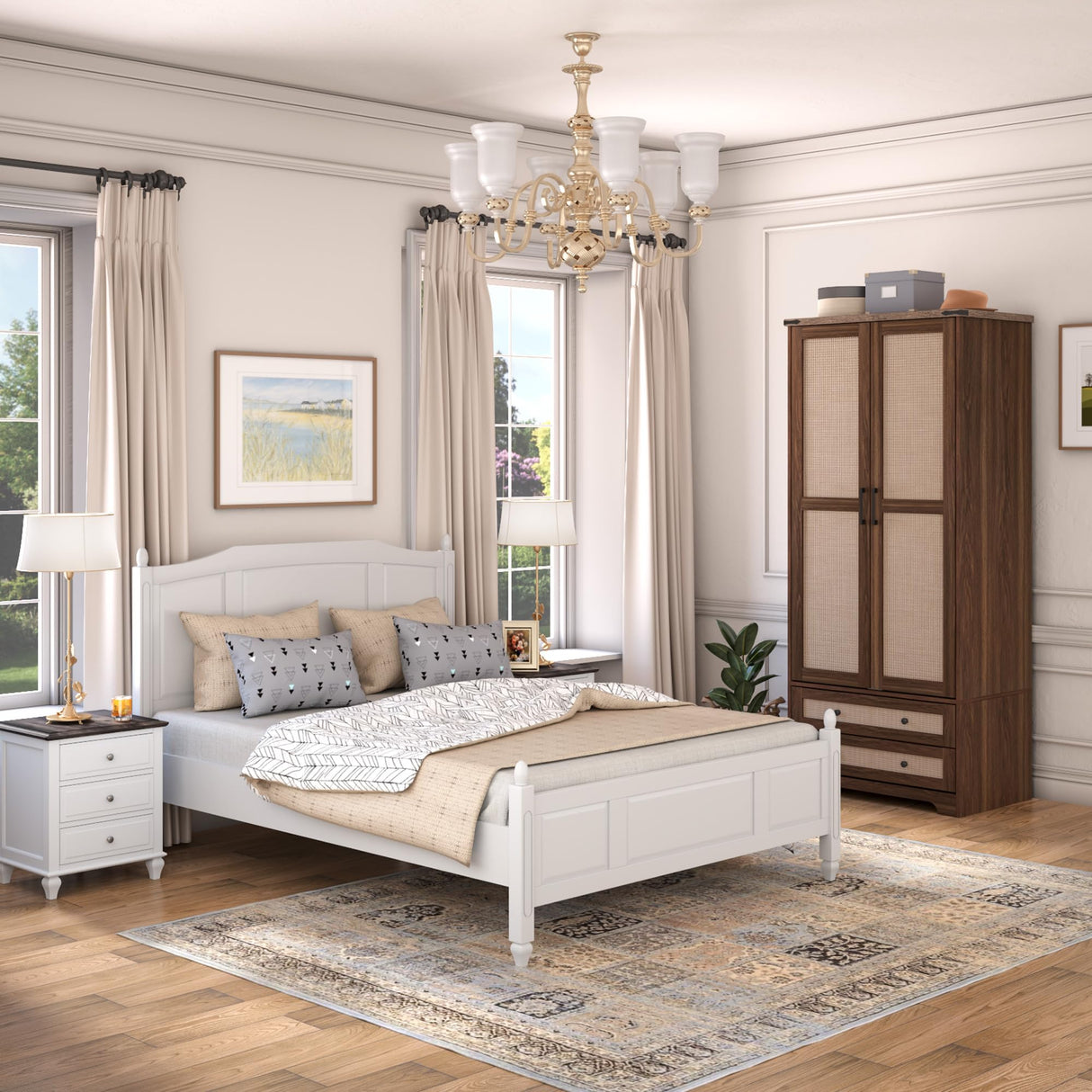 Brafab Armoire Wardrobe Closet with 2 Rattan Doors, 71" Farmhouse Tall Freestanding Coat Closet Wardrobe Cabinet with Drawers and Hanging Rail, Wooden Armoire Storage Cabinet with Shelf for Bedroom Brafab