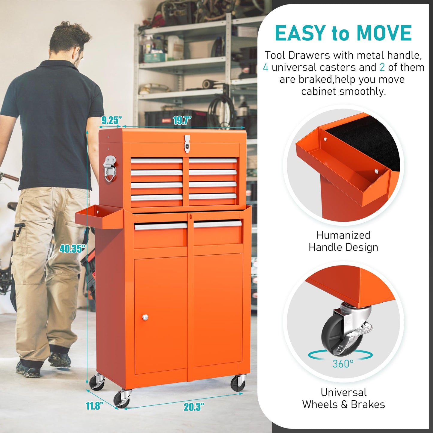 Greenvelly Metal Tool Chest,5-Drawer Rolling Tool Cart with Wheels,2 in 1 Detachable Tool Cabinets,Liners and Locking System for Warehouse, Garage,Workshop, Barbershop(Orange) - WoodArtSupply