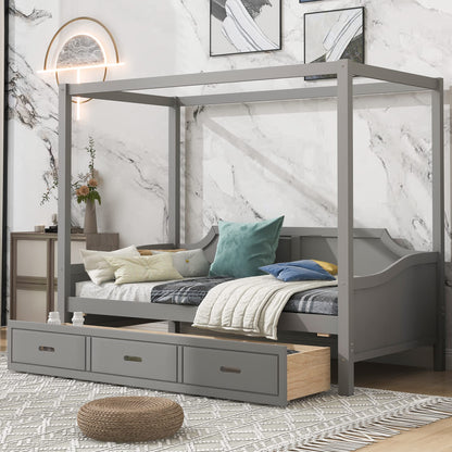 Harper & Bright Designs Twin Canopy Bed with Storage Drawers, Twin Daybed Wood Frame, Modern 4 Poster Platform Bed for Kids, Teens, Adults, No Box Spring Needed (Twin Size, Gray)