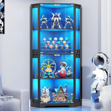BROTTAR Corner Display Cabinet with Glass Doors, 65" Lighted Curio Cabinet with 3 Color Lights for Collectibles, 4-Tier Display Case with Human Body Sensor for Toys, Books, Black BROTTAR